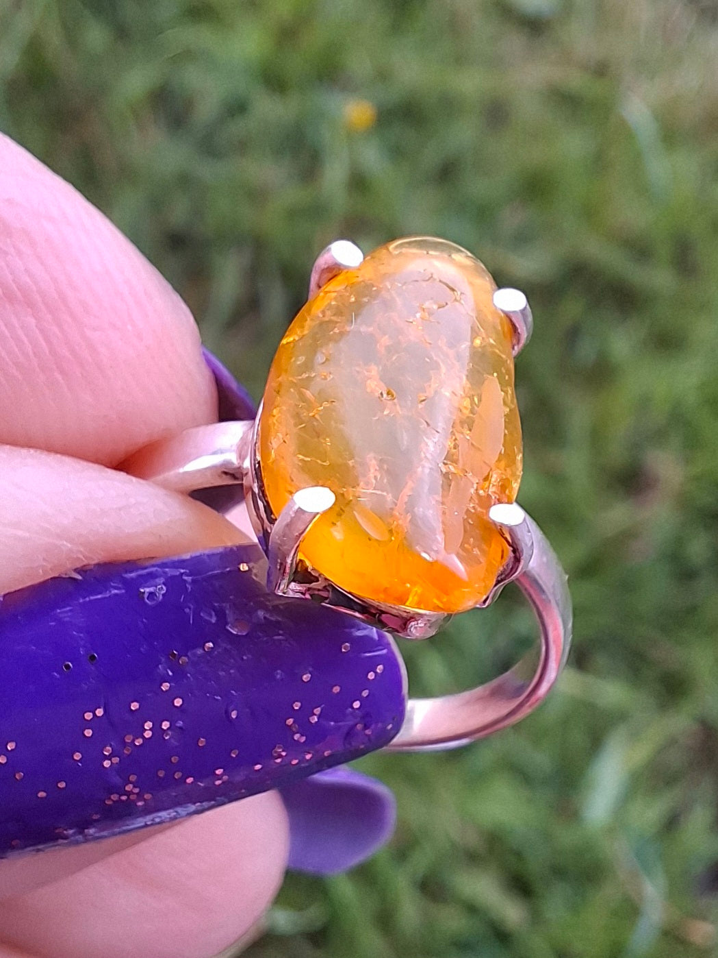 Baltic Amber Ring, size large L, 925 Silver, Fossil (Ref: AR3)