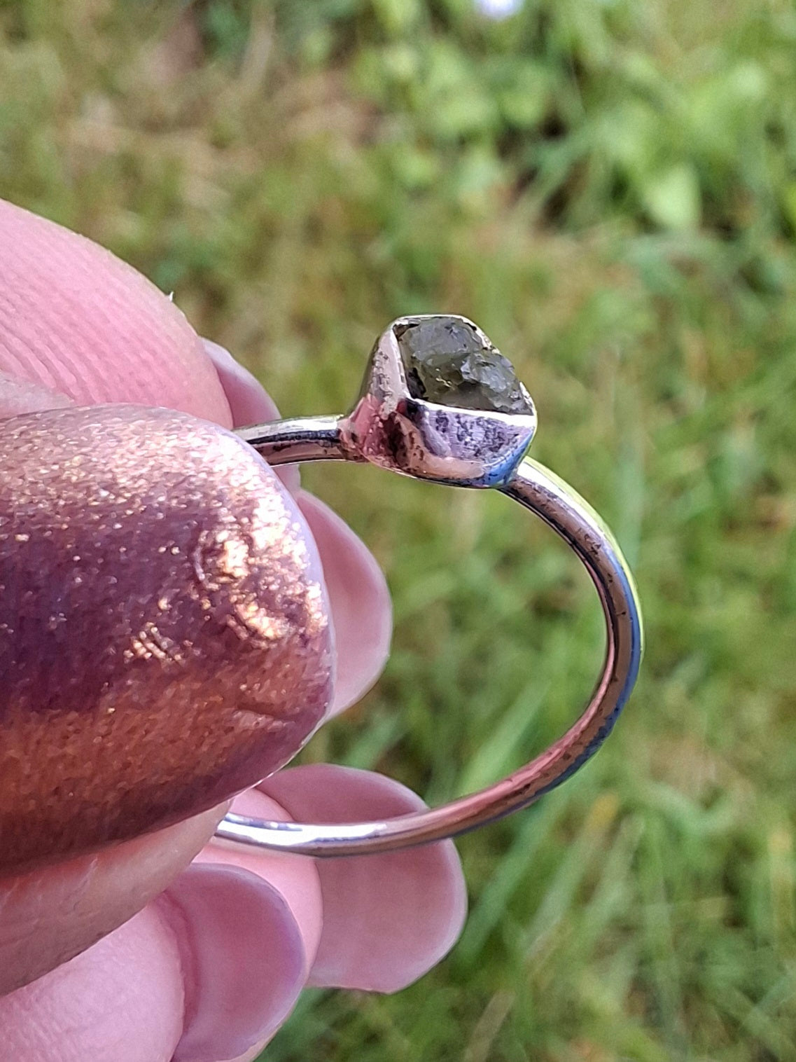 Moldavite Ring, size large O/small P, 925 Silver, Tektite (Ref: R41)