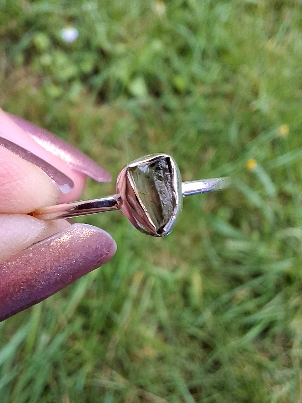 Moldavite Ring, size large R/small S, 925 Silver, Tektite (Ref: R54)