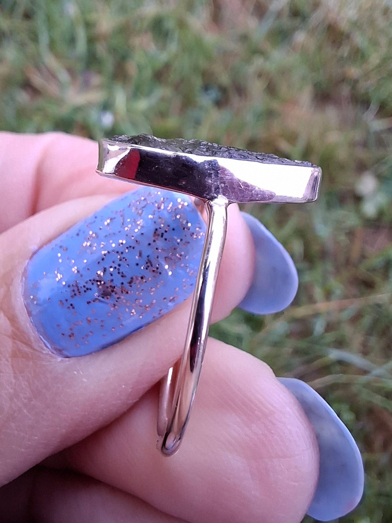 Moldavite Ring, size large R, 925 Silver, Tektite (Ref: R27)