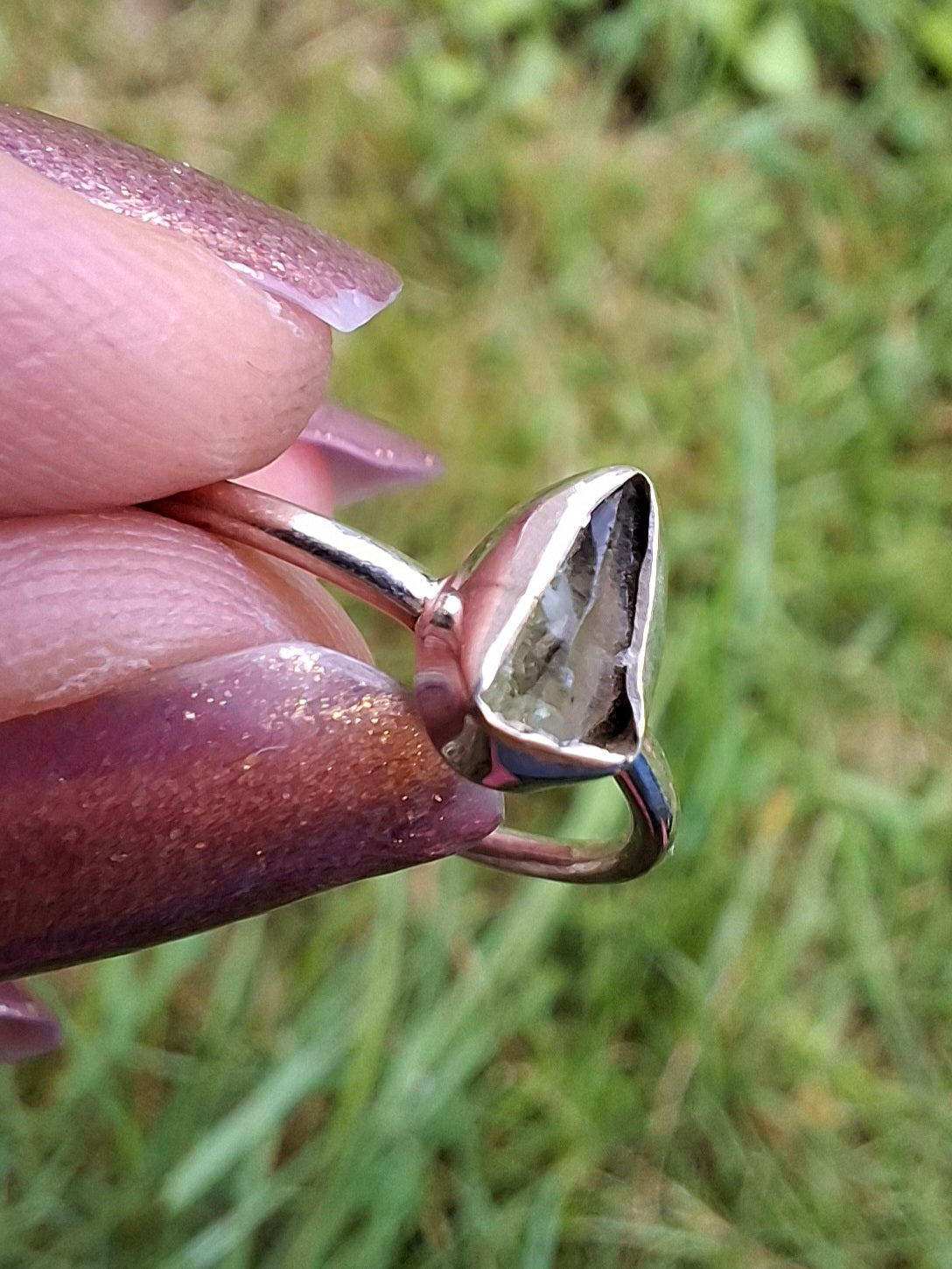 Moldavite Ring, size small L, 925 Silver, Tektite (Ref: R62)