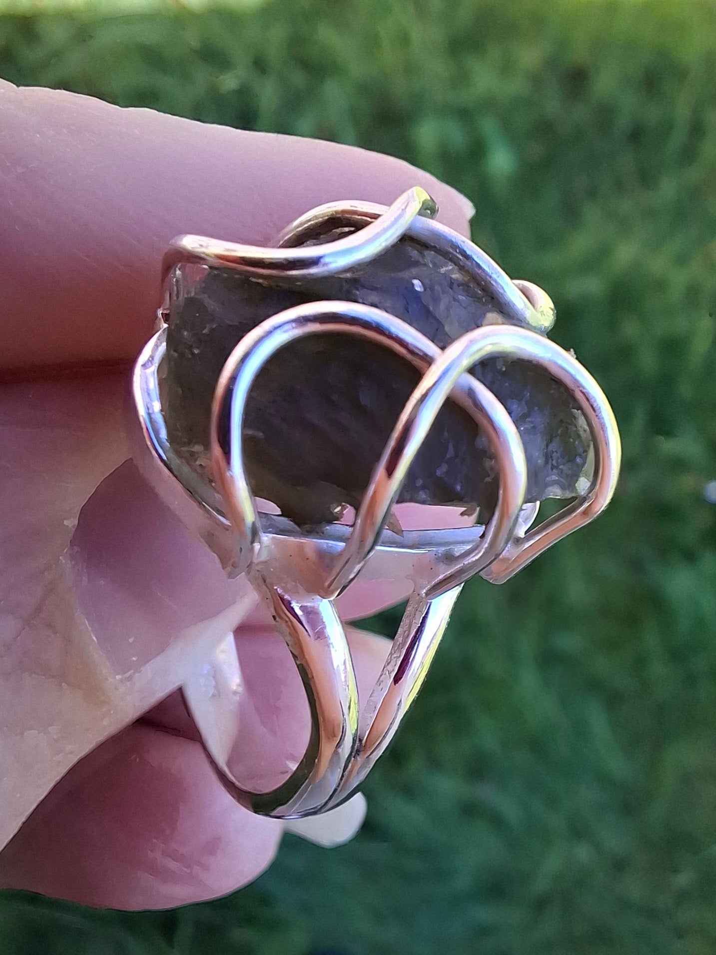 Moldavite Ring, size S, 925 Silver, Tektite (Ref: R12)
