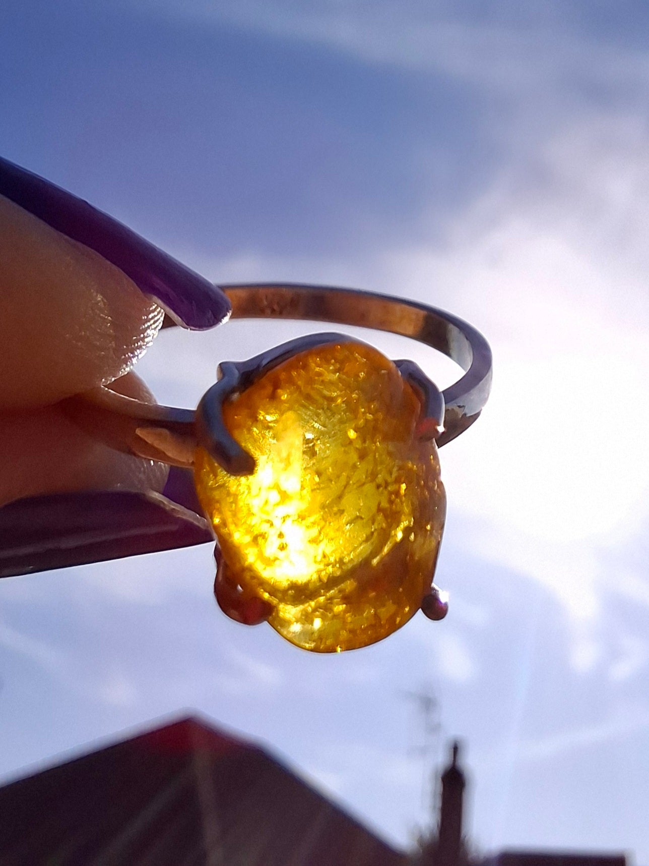 Baltic Amber Ring, size large O, 925 Silver, Fossil (Ref: AR12)