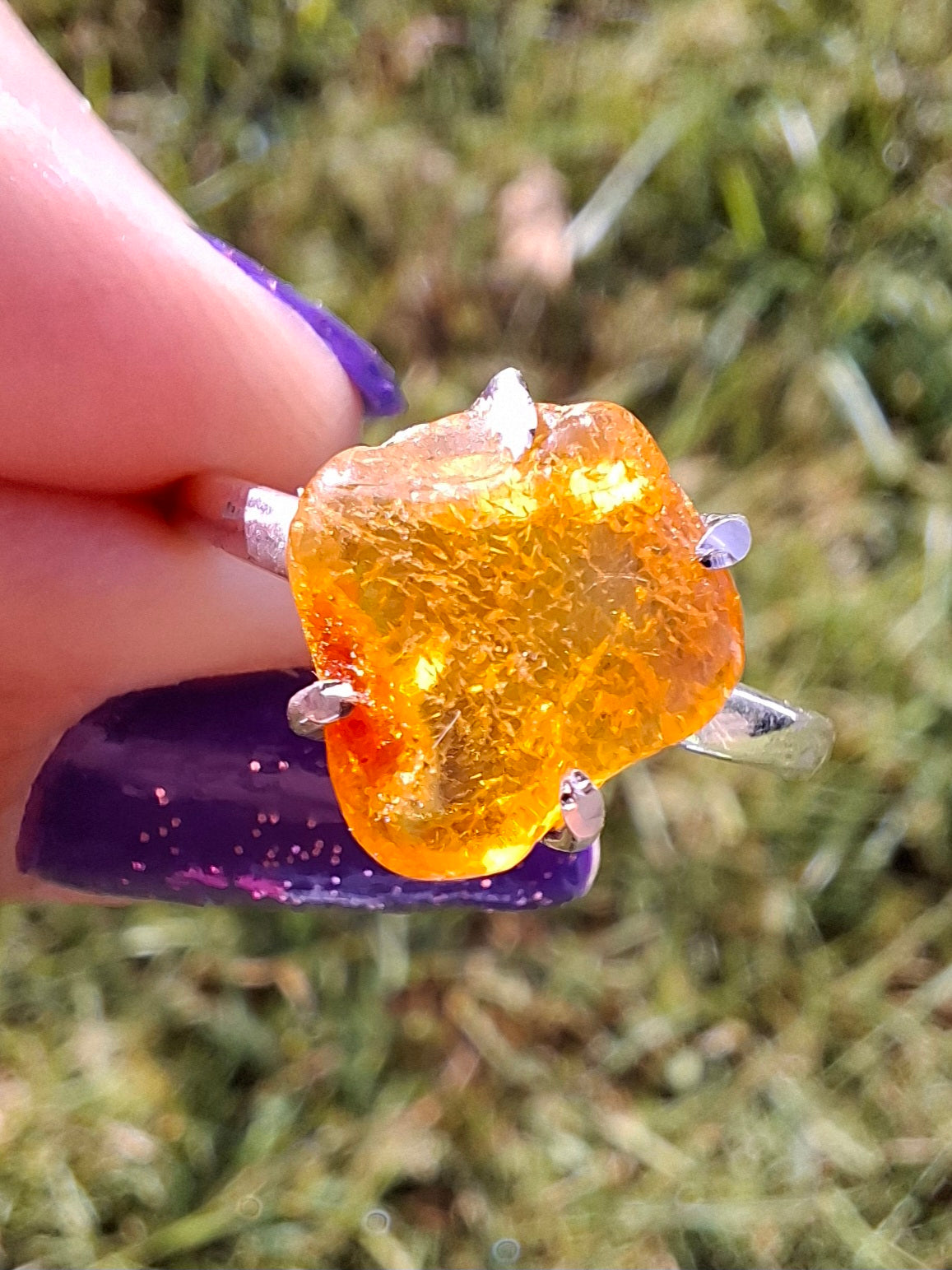 Baltic Amber Ring, size large R, 925 Silver, Fossil (Ref: AR16)