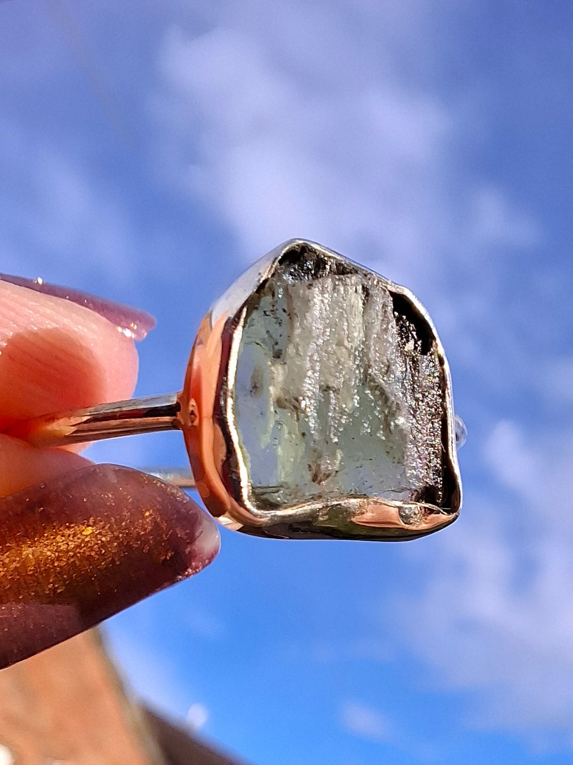 Moldavite Ring, size small U, 925 Silver, Tektite (Ref: R29)