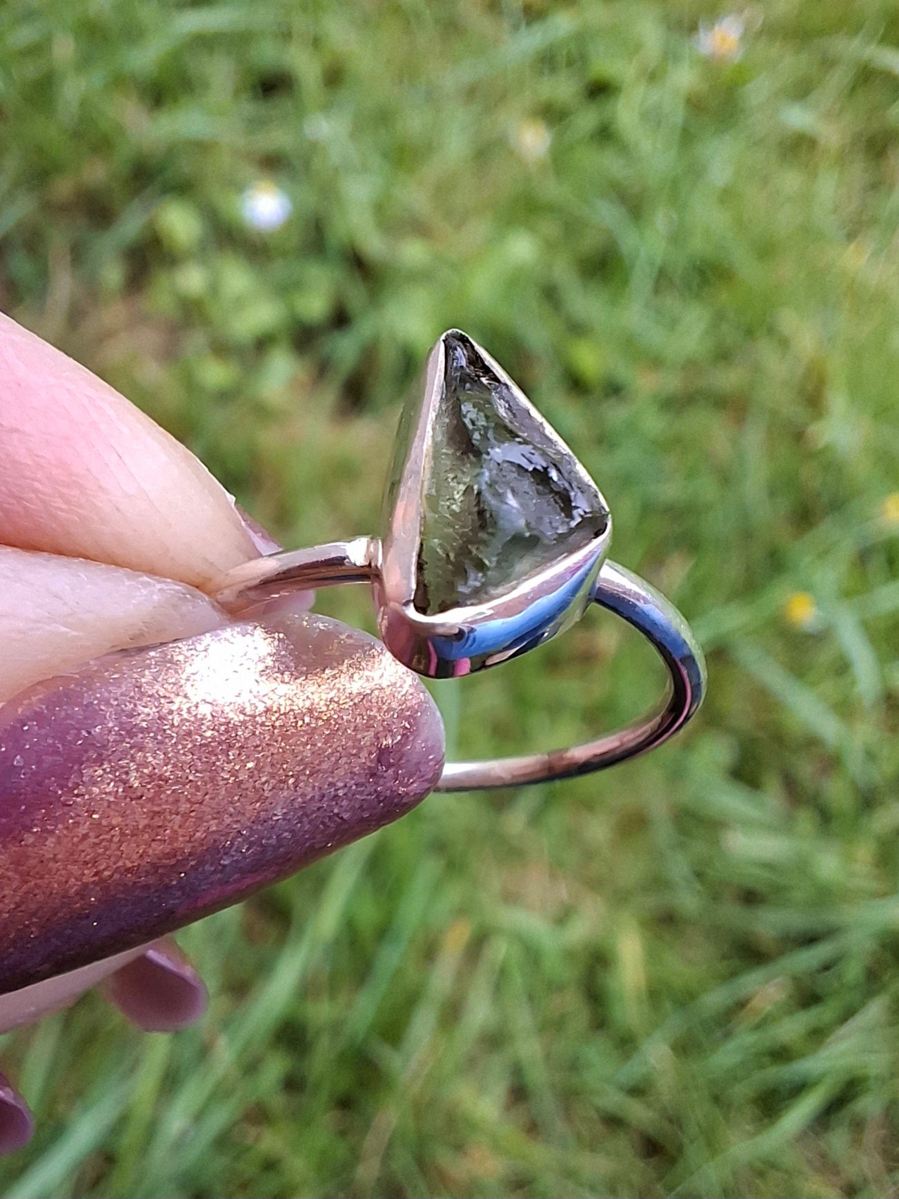 Moldavite Ring, size large K/small L, 925 Silver, Tektite (Ref: R57)