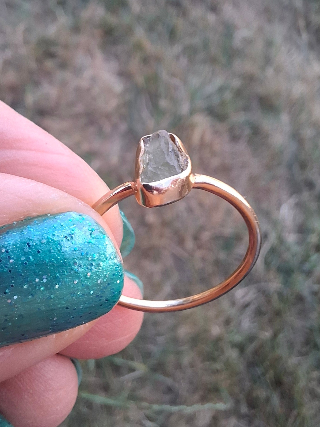 Moldavite Ring, 14K GOLD Plated, size large M, Tektite (Ref: R341)