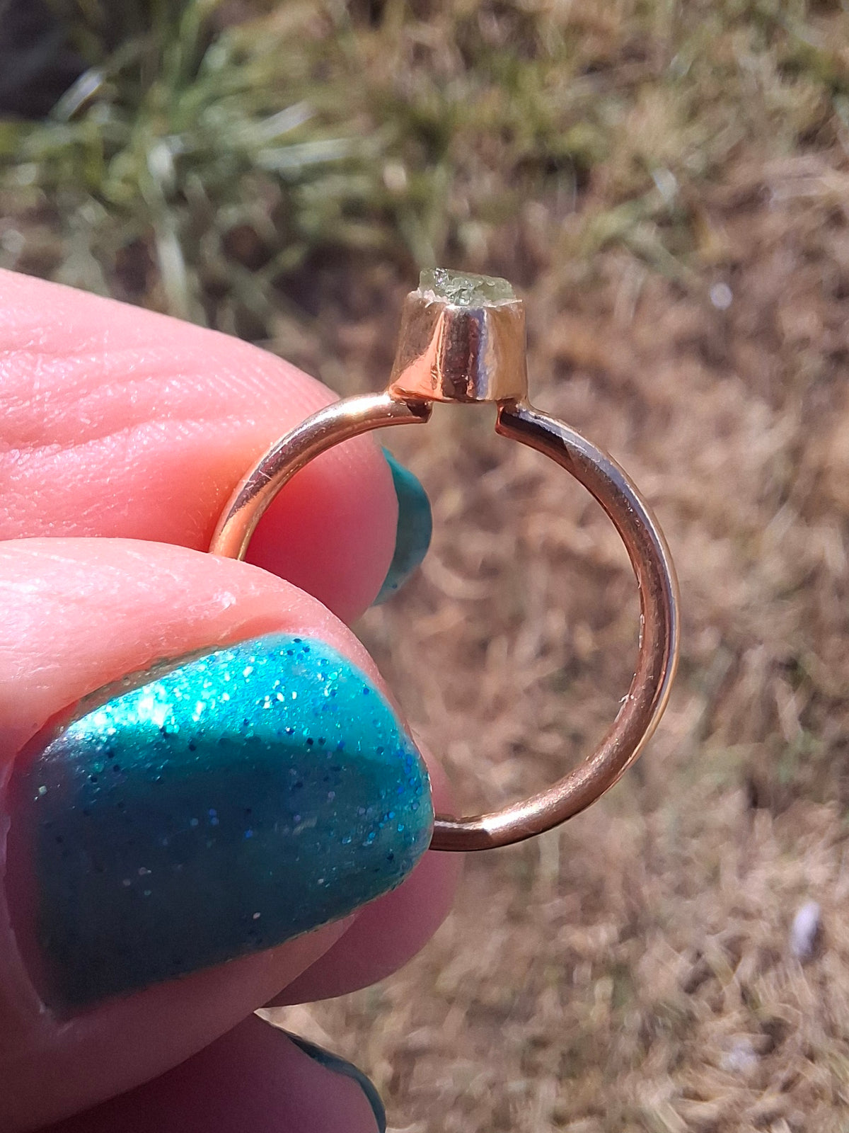 Moldavite Ring, 14K GOLD Plated, size large J, Tektite (Ref: R338)