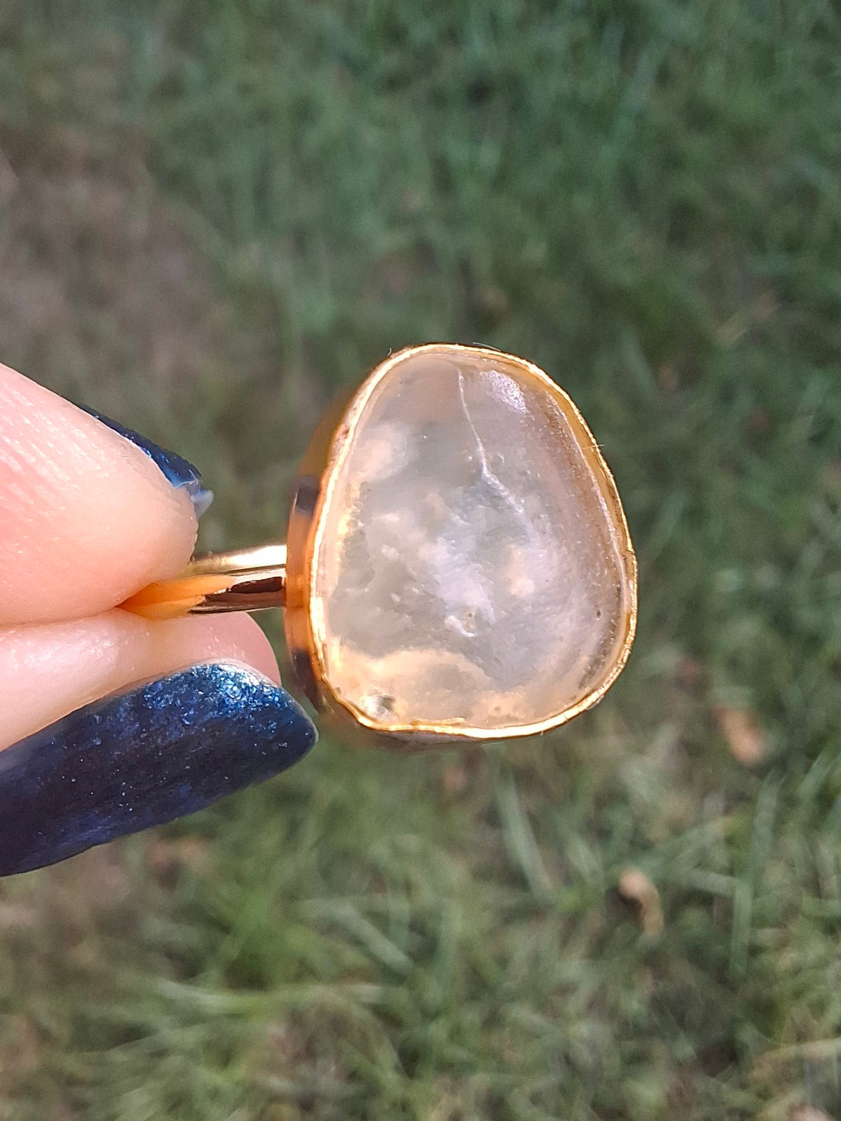 Libyan Desert Glass Ring, 14K GOLD Plated, size large Q, Tektite (Ref: LR80)