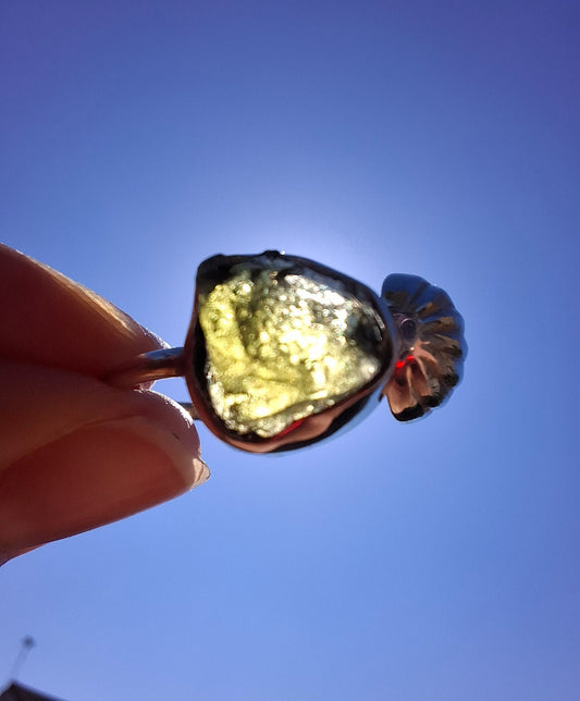 Moldavite ADJUSTABLE Ring, size large V/small W, 925 Silver, Tektite (Ref: AR51)