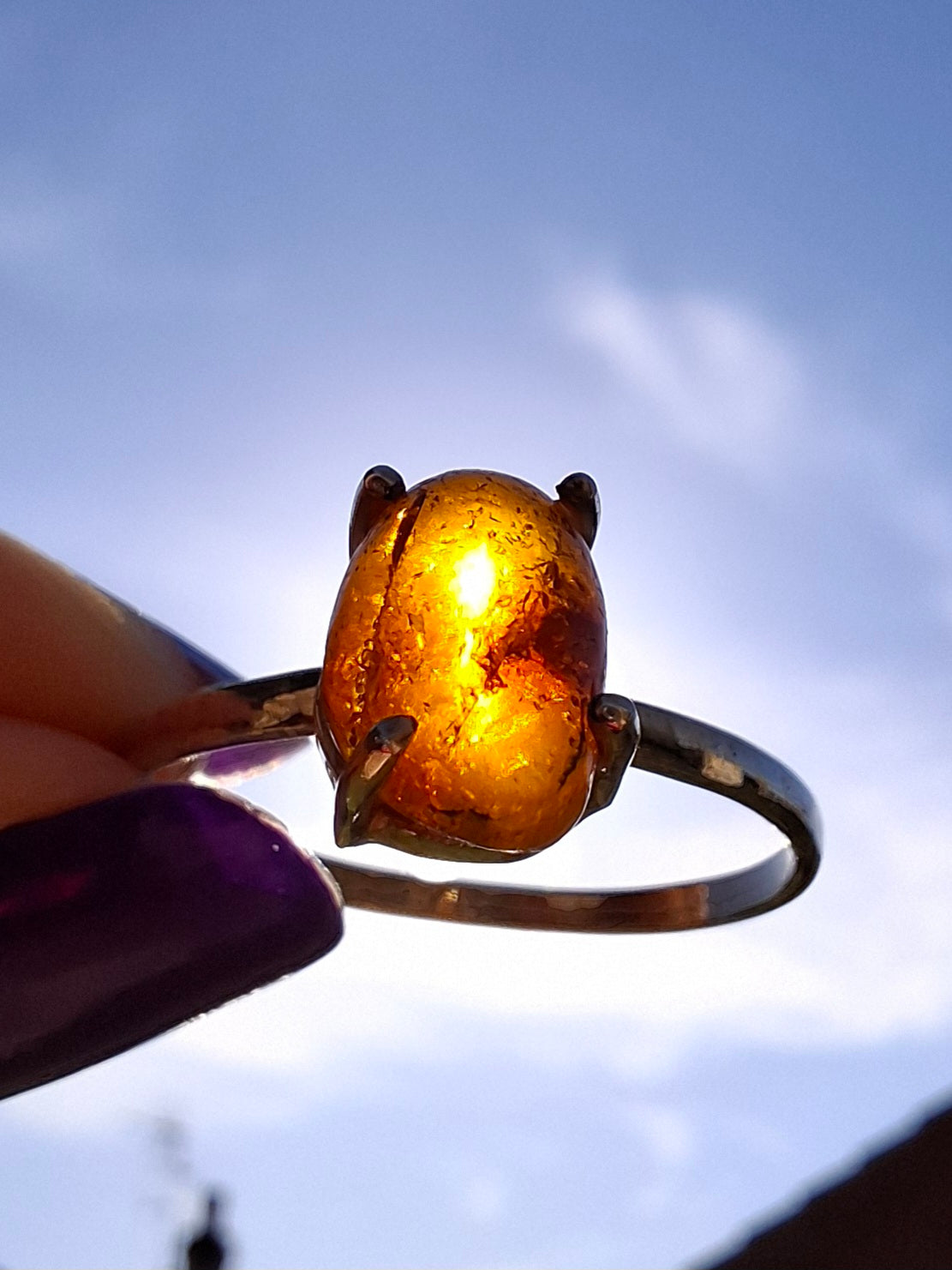 Baltic Amber Ring, size large W, 925 Silver, Fossil (Ref: AR29)