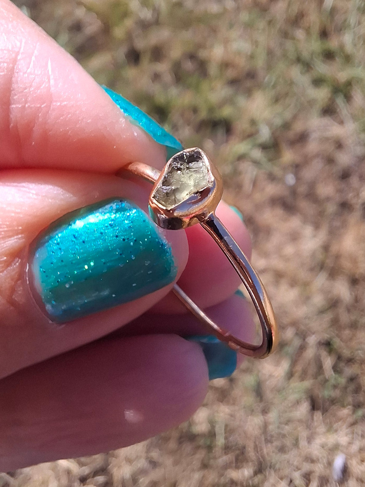 Moldavite Ring, 14K GOLD Plated, size large T, Tektite (Ref: R350)