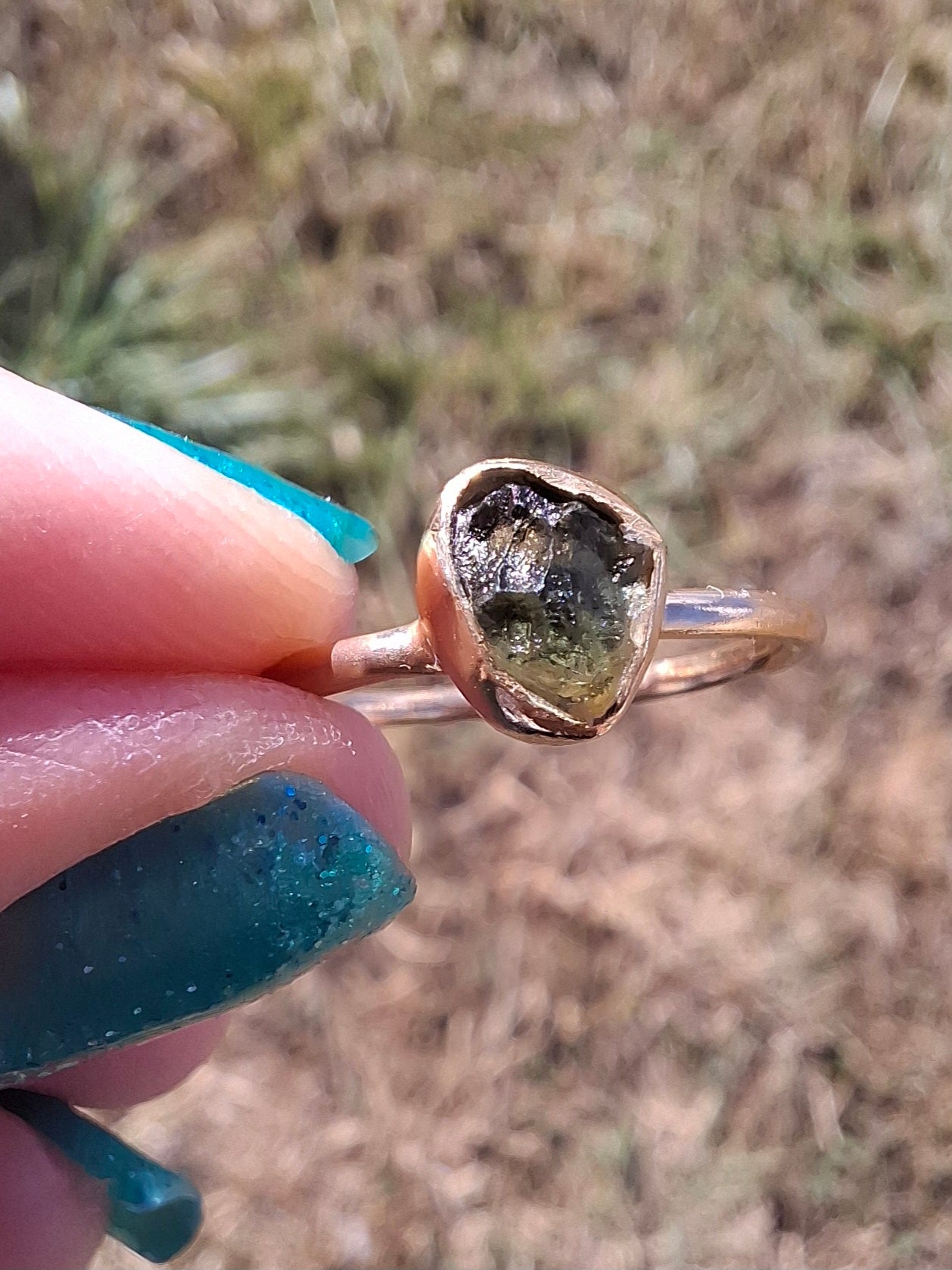 Moldavite Ring, 14K GOLD Plated, size large L, Tektite (Ref: R343)