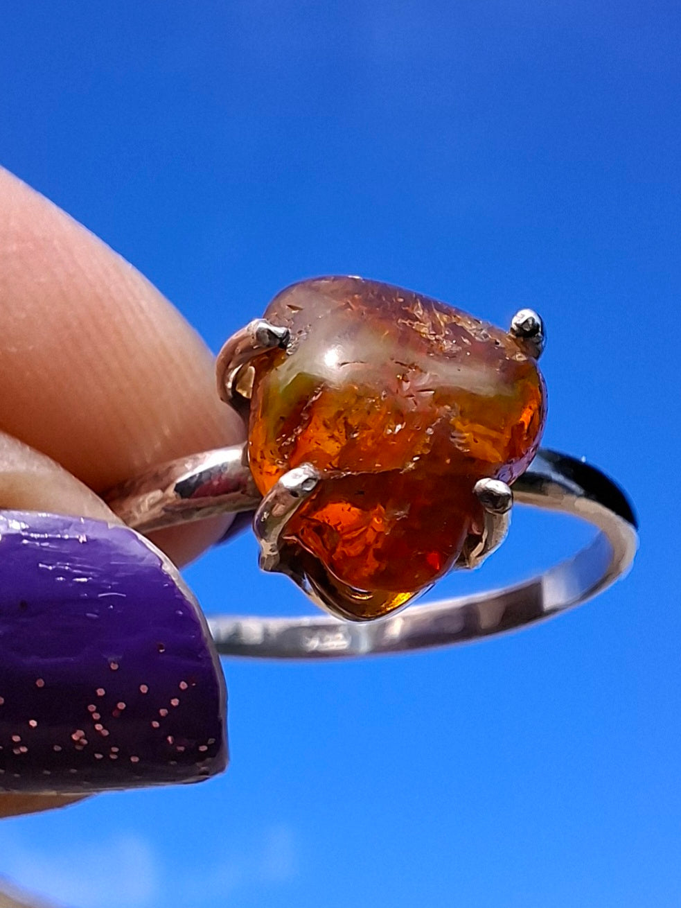 Baltic Amber Ring, size large X, 925 Silver, Fossil (Ref: AR34)