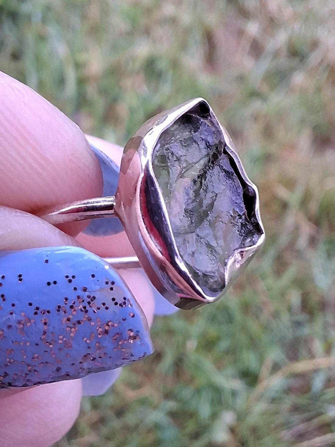 Moldavite Ring, size M, 925 Silver, Tektite (Ref: R22)
