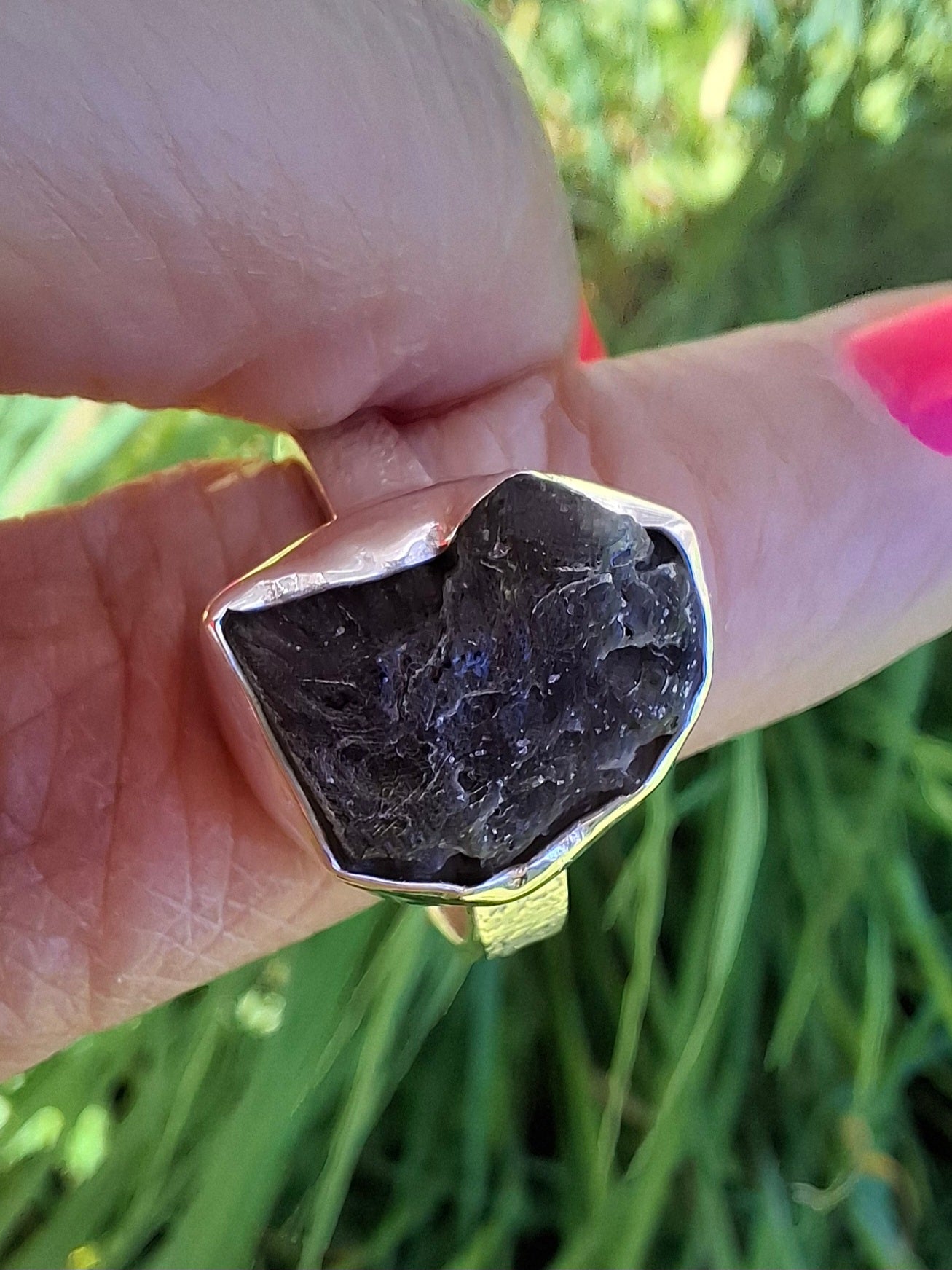 Moldavite Ring, size R, 925 Silver, Tektite (Ref: R318)