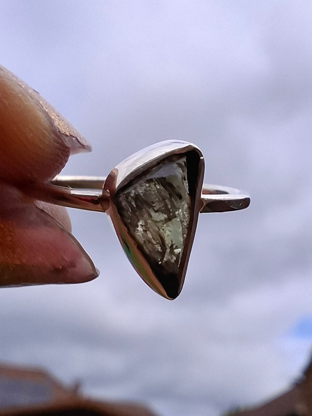 Moldavite Ring, size large K/small L, 925 Silver, Tektite (Ref: R57)