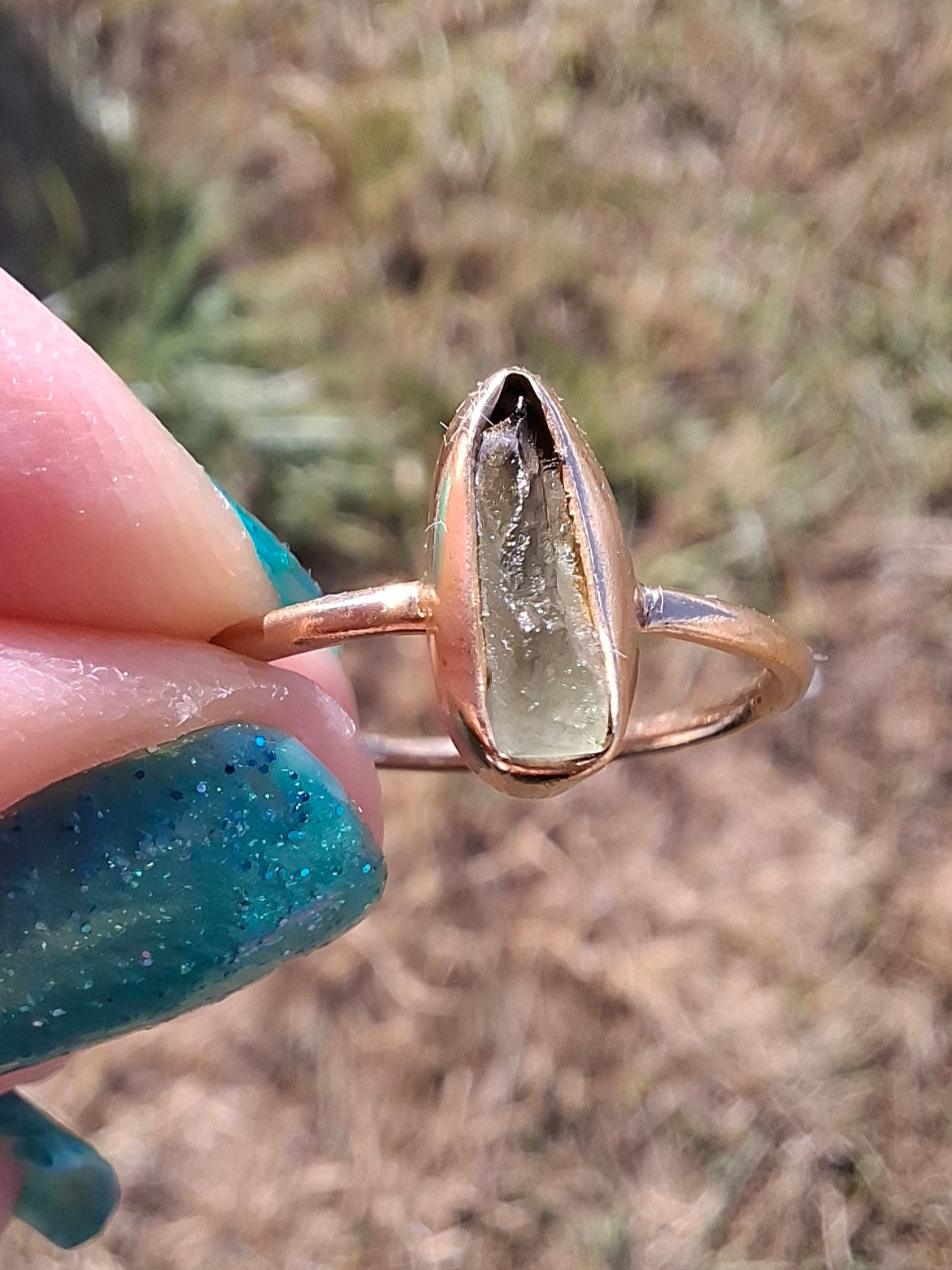 Moldavite Ring, 14K GOLD Plated, size large K / small L, Tektite (Ref: R335)