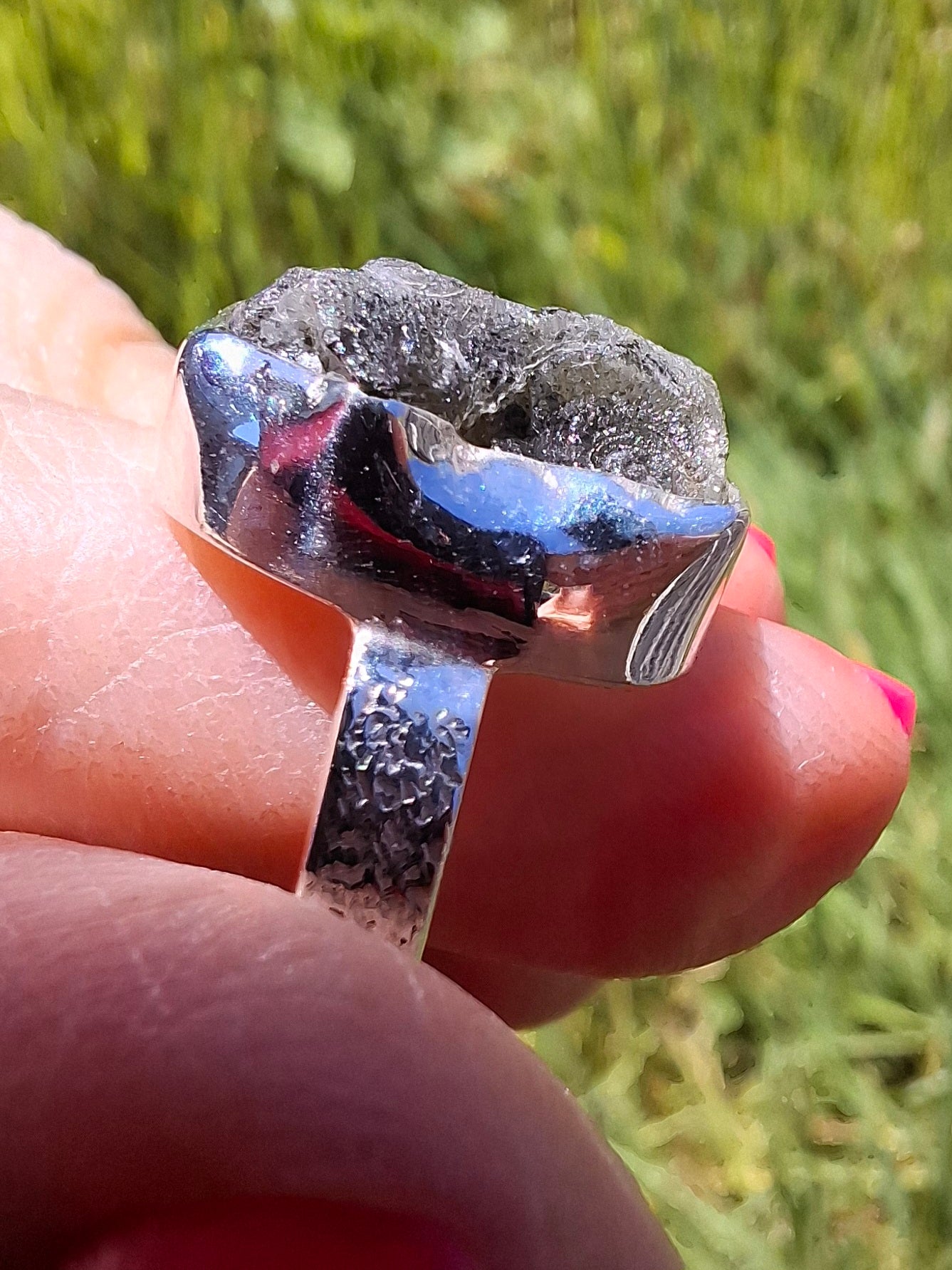 Moldavite Ring, size R, 925 Silver, Tektite (Ref: R318)