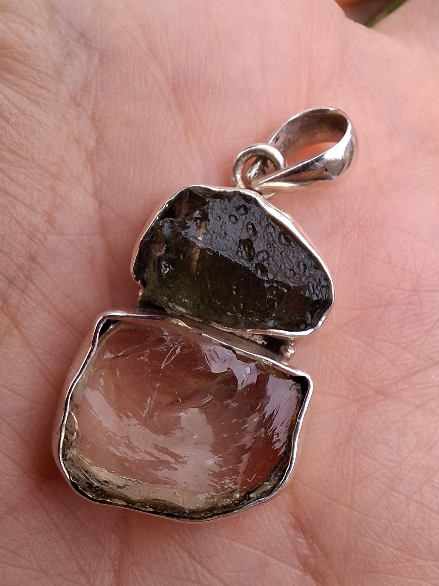 Moldavite & Libyan Desert Glass Pendant, 925 Silver, Tektite (Ref: MLP14)