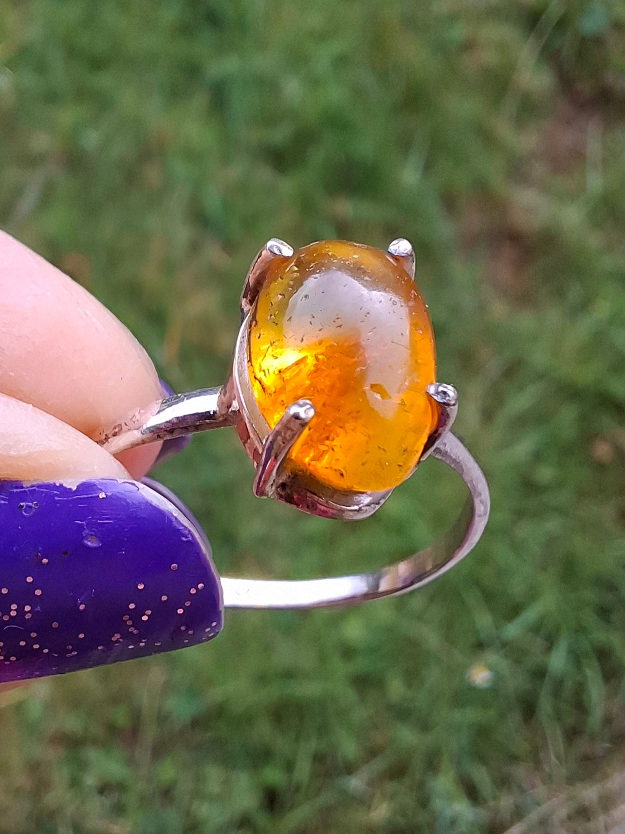 Baltic Amber Ring, size large Y, 925 Silver, Fossil (Ref: AR38)