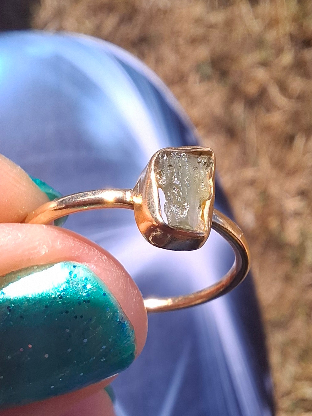 Moldavite Ring, 14K GOLD Plated, size large M, Tektite (Ref: R341)