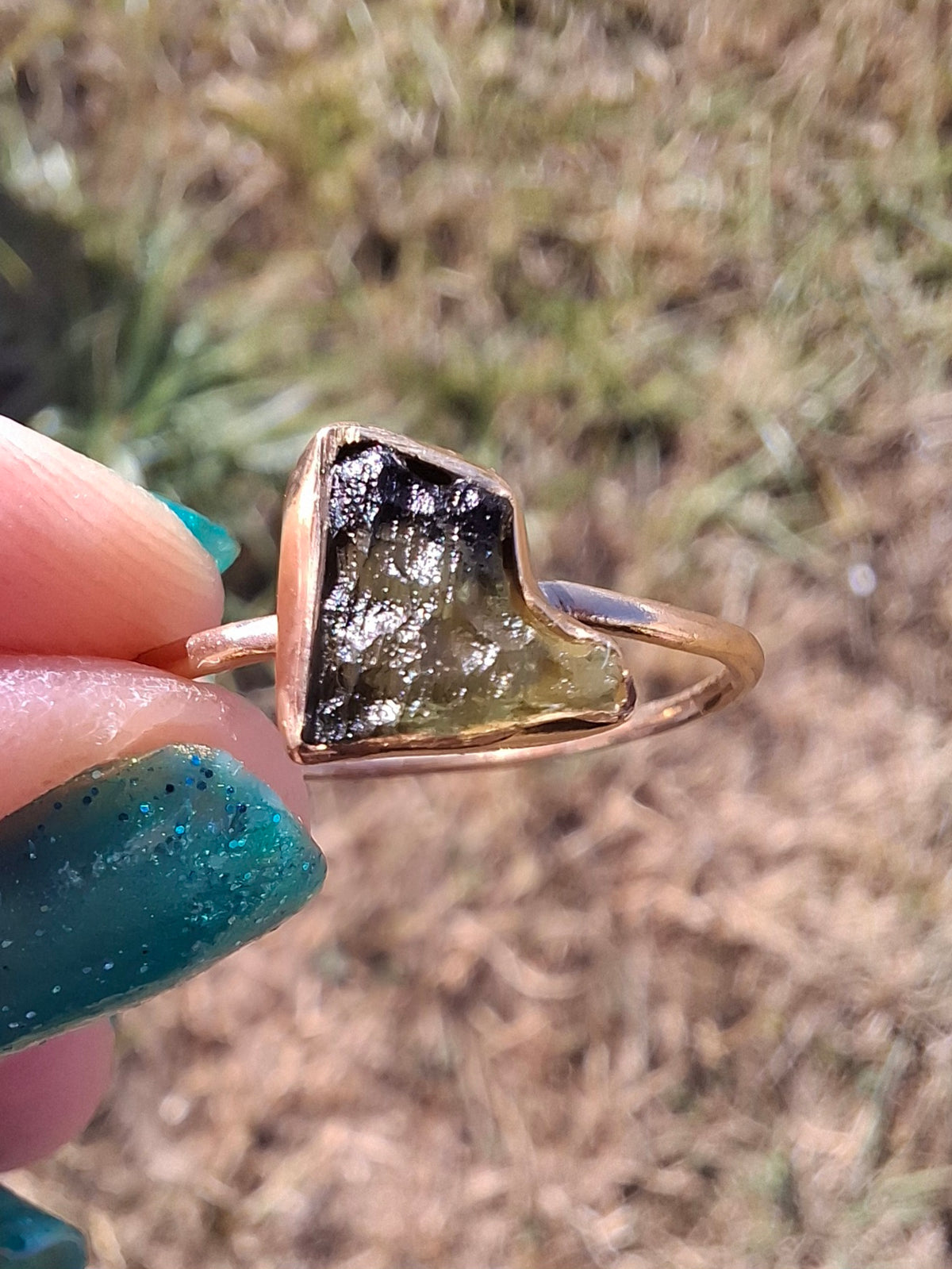 Moldavite Ring, 14K GOLD Plated, size large U, Tektite (Ref: R351)