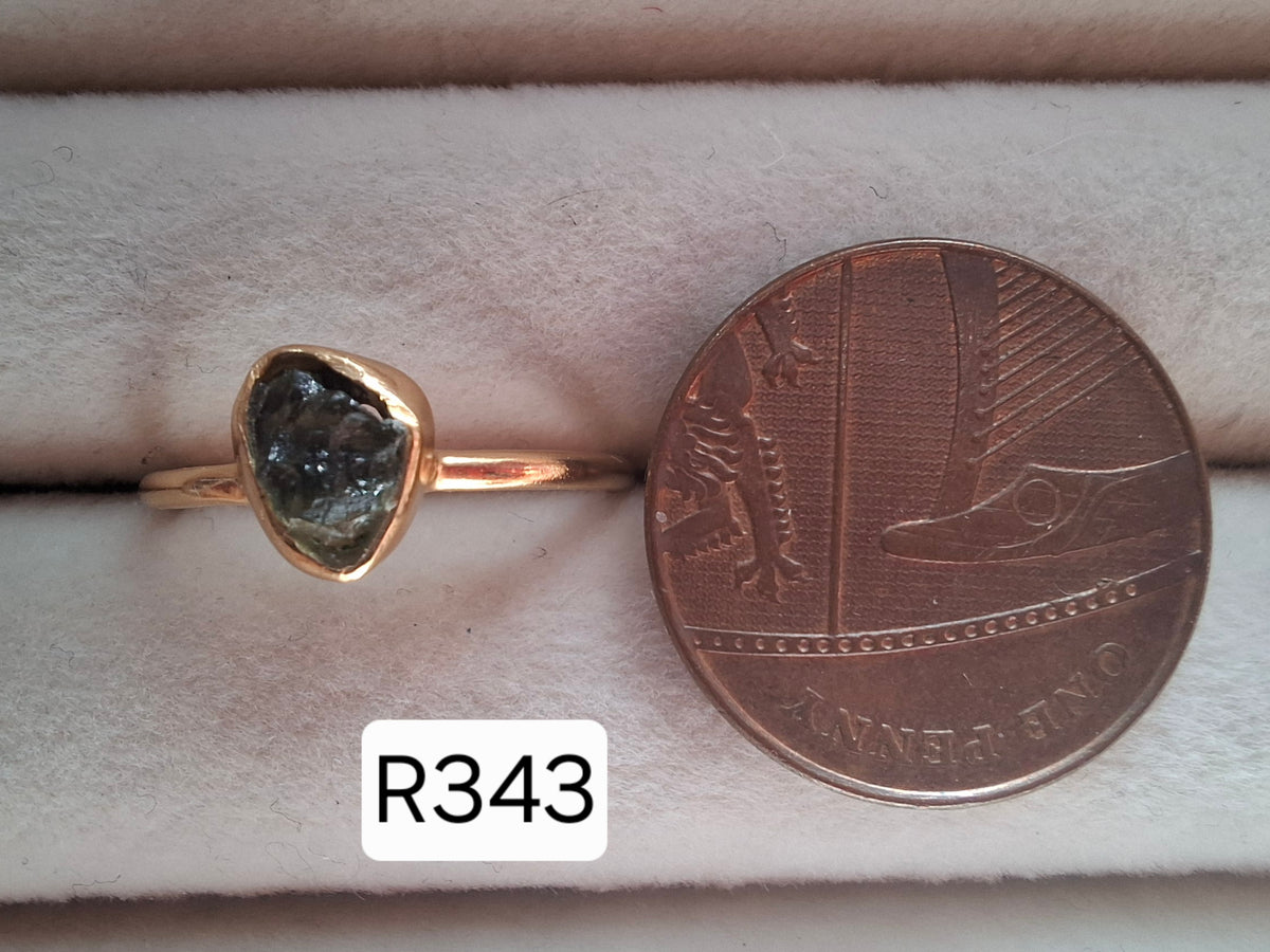 Moldavite Ring, 14K GOLD Plated, size large L, Tektite (Ref: R343)