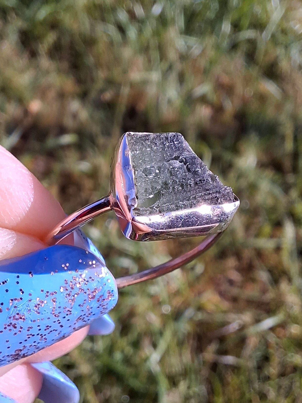 Moldavite Ring, size large P/small Q, 925 Silver, Tektite (Ref: R26)