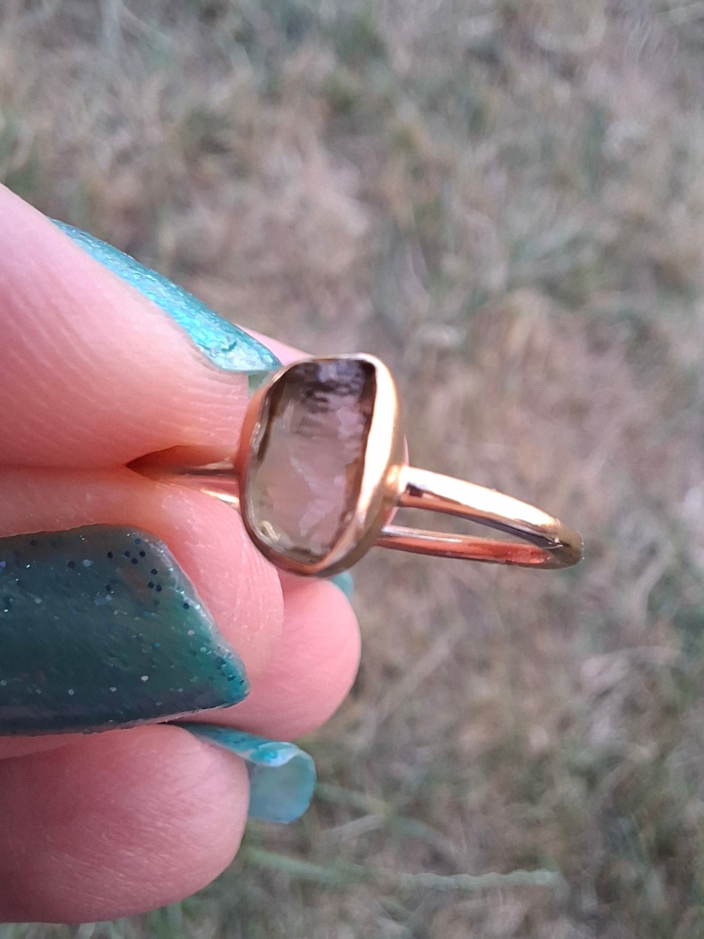 Moldavite Ring, 14K GOLD Plated, size small L, Tektite (Ref: R342)