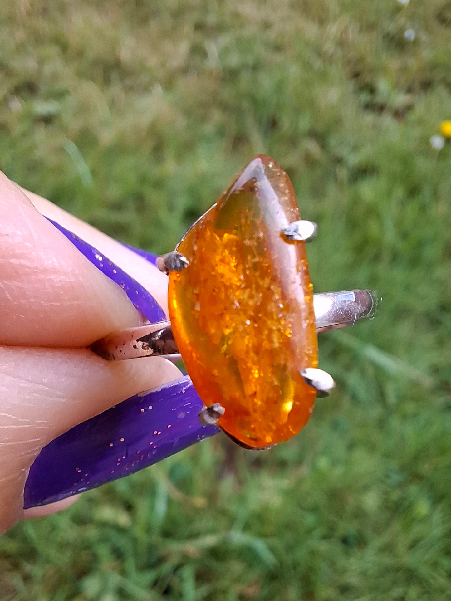 Baltic Amber Ring, size large T/small U, 925 Silver, Fossil (Ref: AR19)