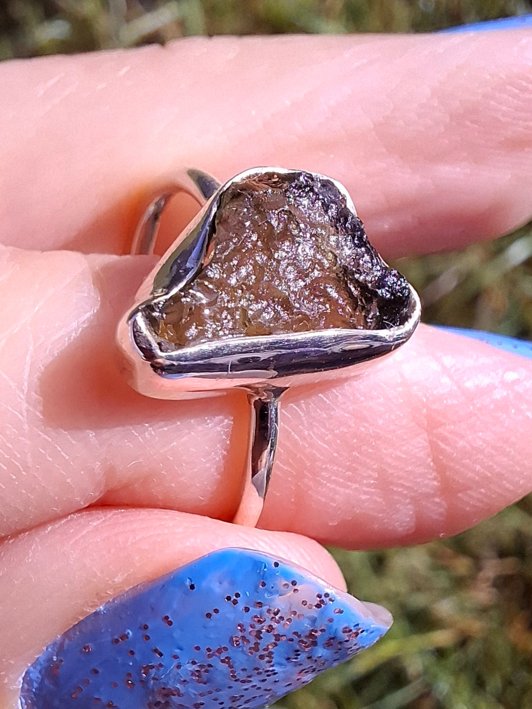 Moldavite Ring, size large M, 925 Silver, Tektite (Ref: R23)