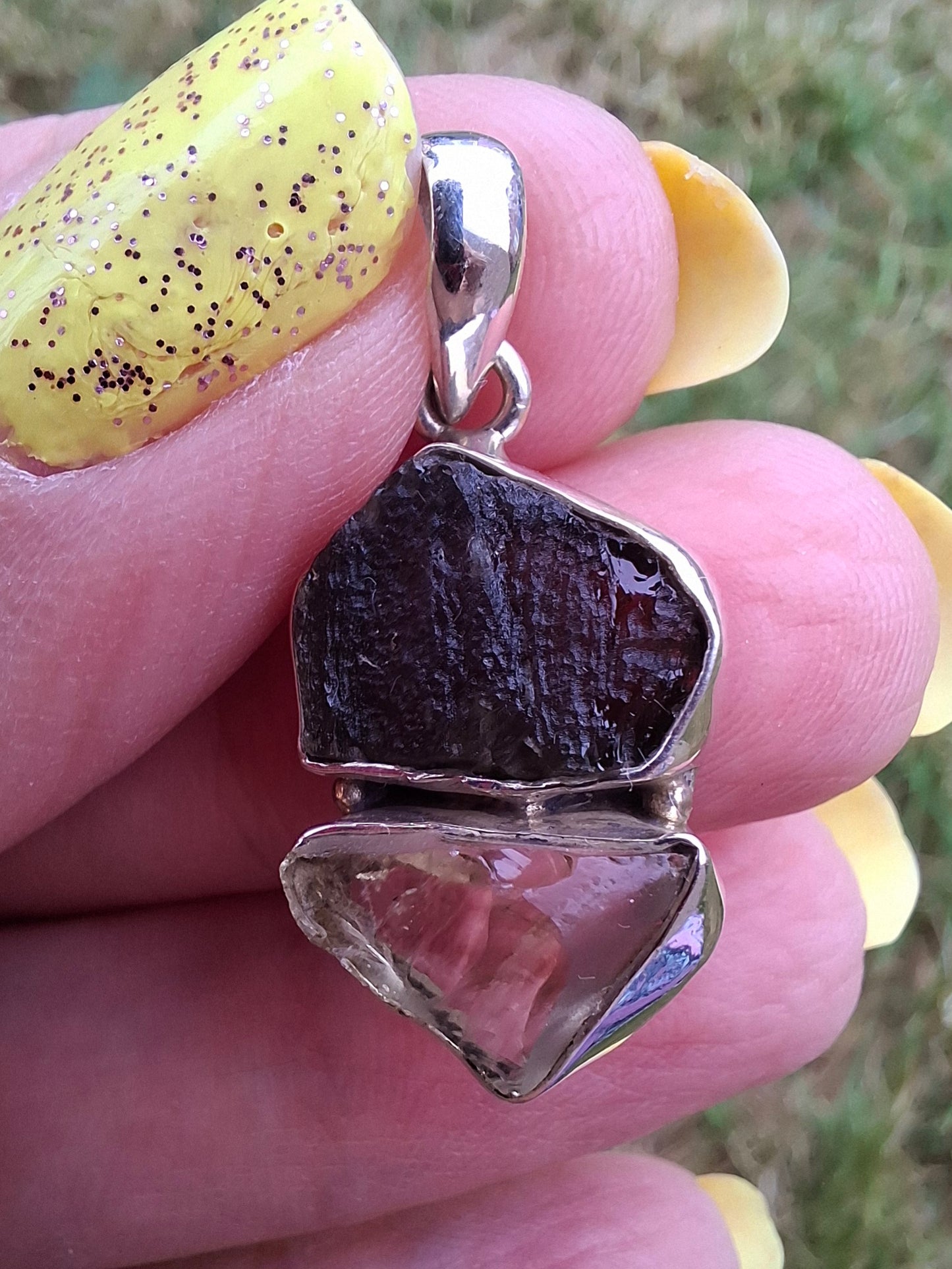 Moldavite & Libyan Desert Glass Pendant, 925 Silver, Tektite (Ref: MLP3)