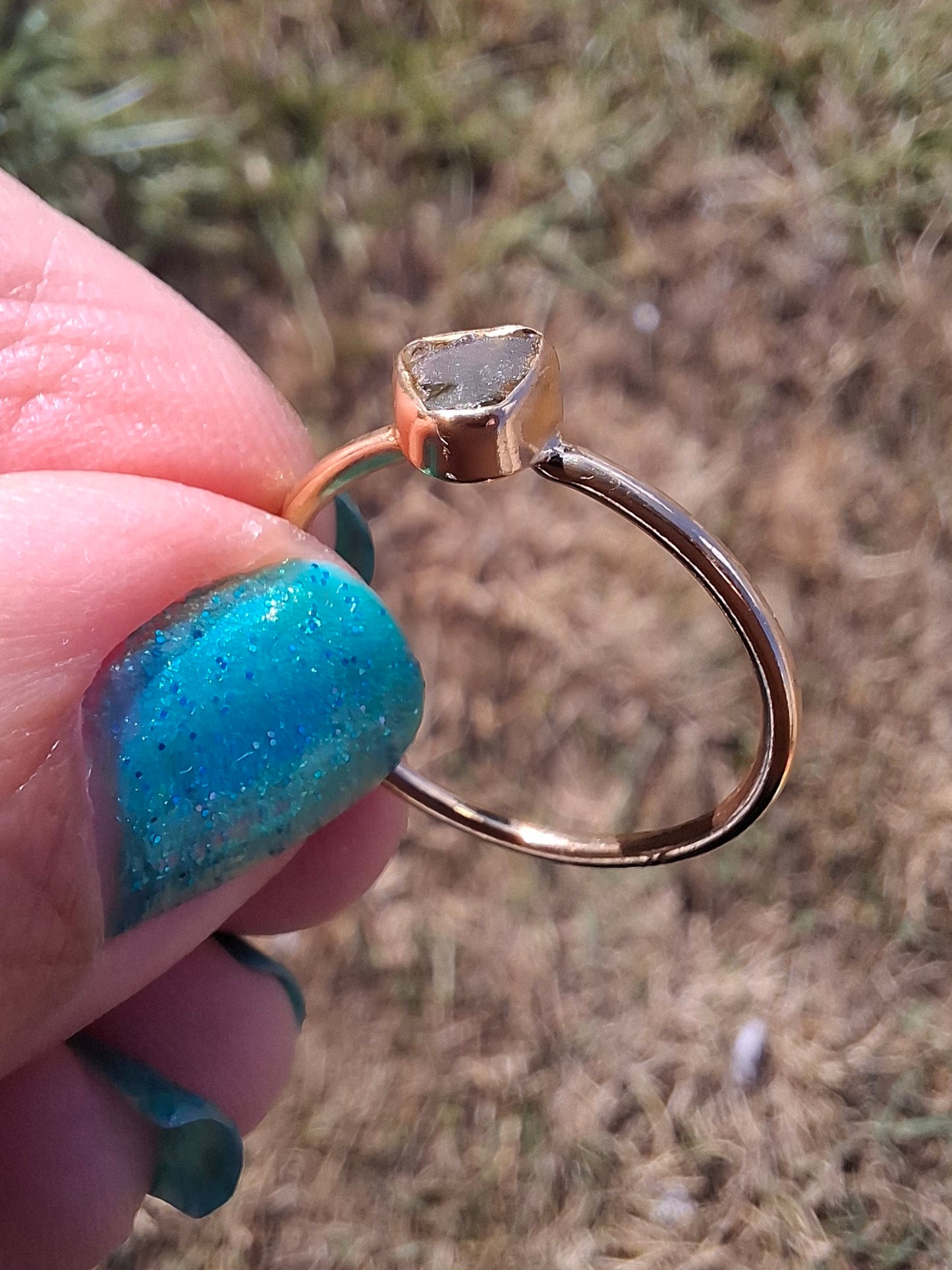 Moldavite Ring,14K GOLD Plated, size large O, Tektite (Ref: R344)