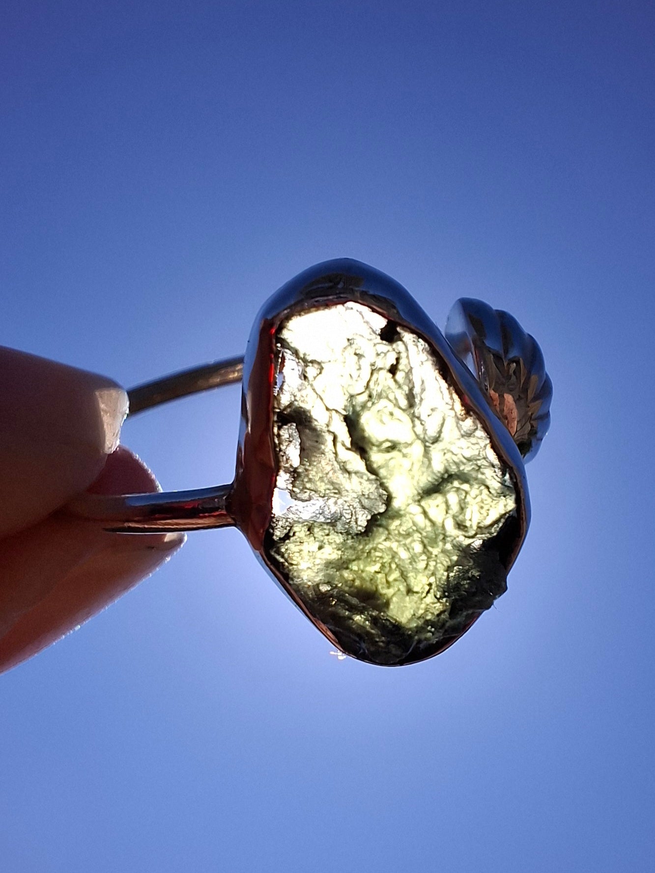 Moldavite ADJUSTABLE Ring, size large R, 925 Silver, Tektite (Ref: AR49)