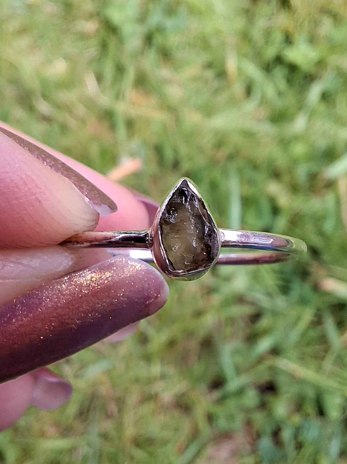 Moldavite Ring, size Q, 925 Silver, Tektite (Ref: R45)