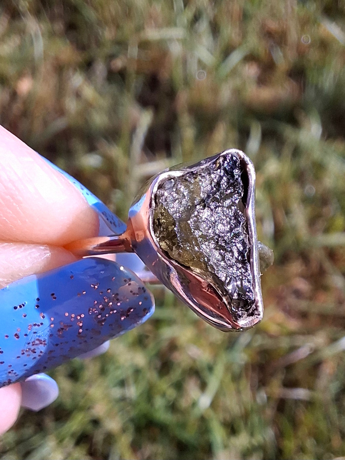 Moldavite Ring, size large M, 925 Silver, Tektite (Ref: R23)
