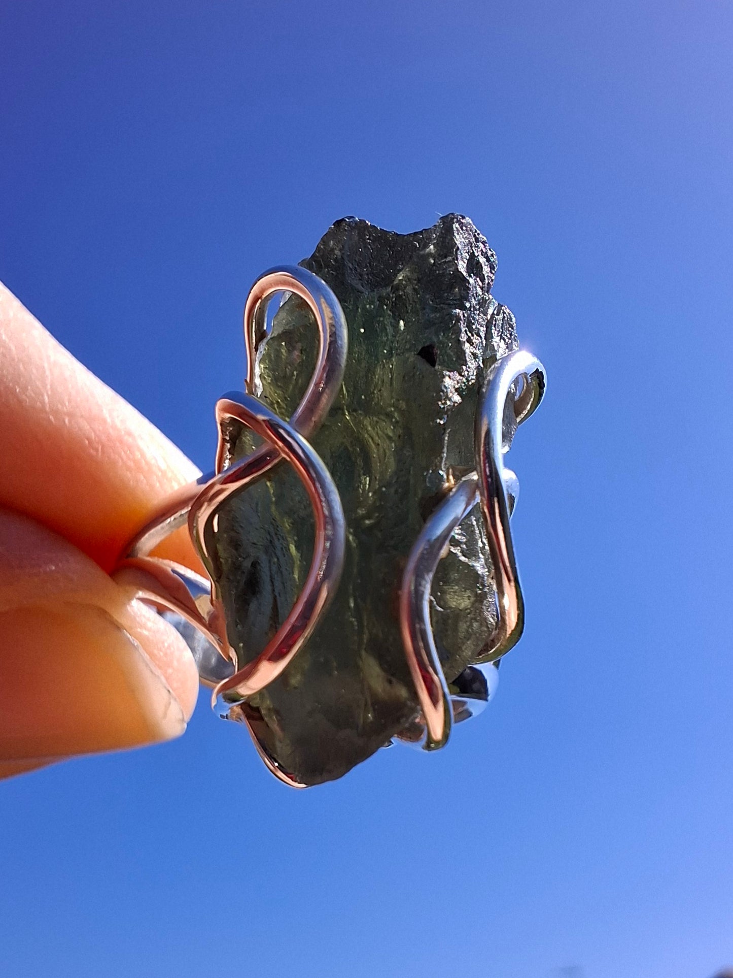 Moldavite Ring, size O, 925 Silver, Tektite (Ref: R8)