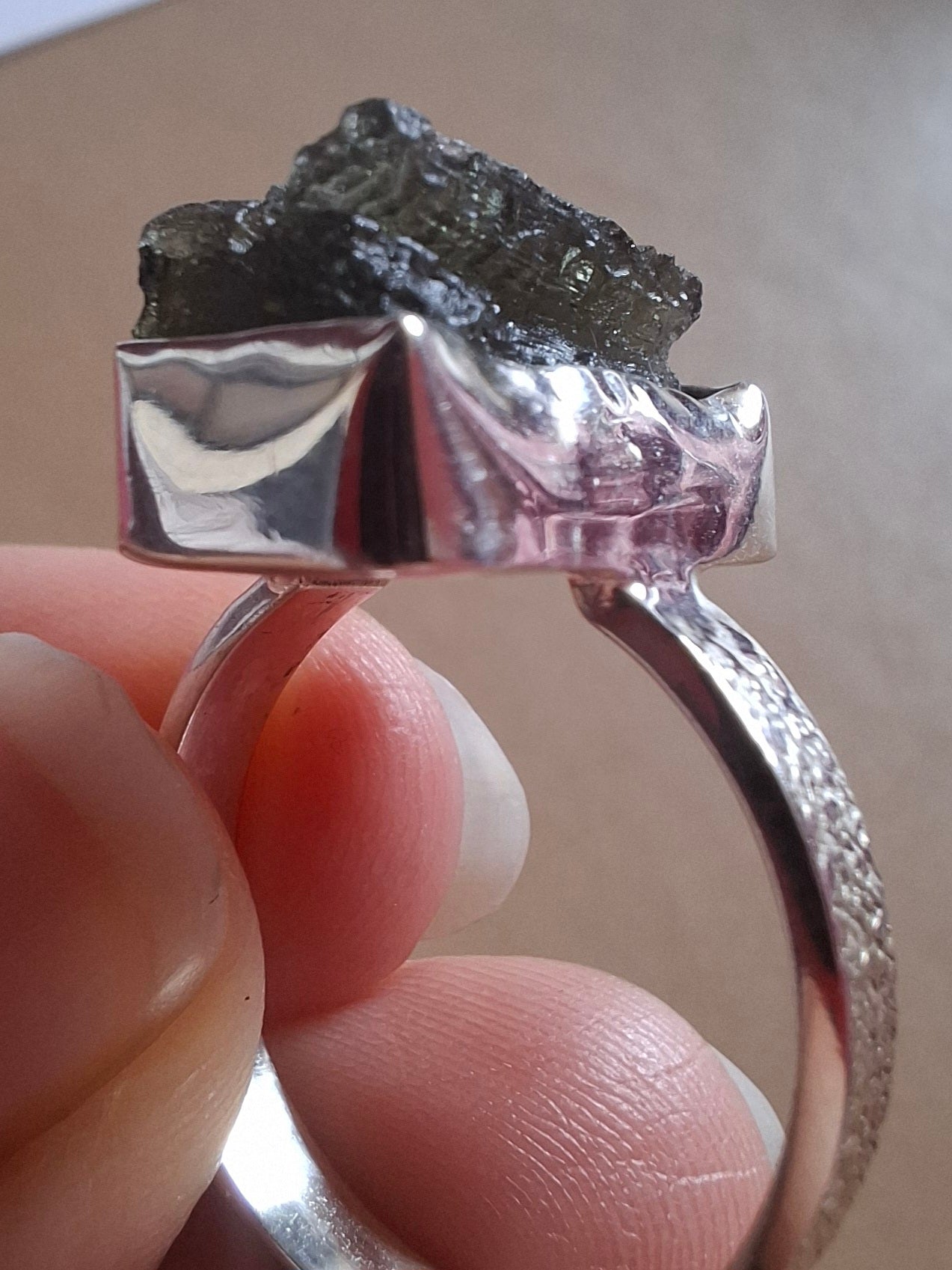 Moldavite Ring, size U, 925 Silver, Tektite (Ref: R324)
