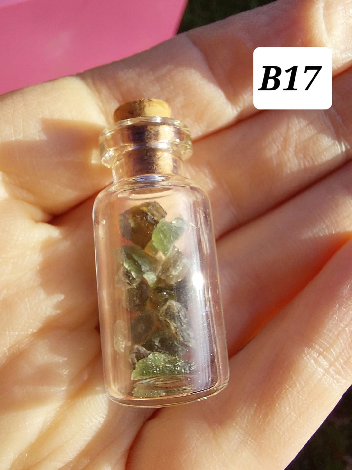 Moldavite chips (1.50g) in 3ml glass Bottle, Tektite (Ref: B17)