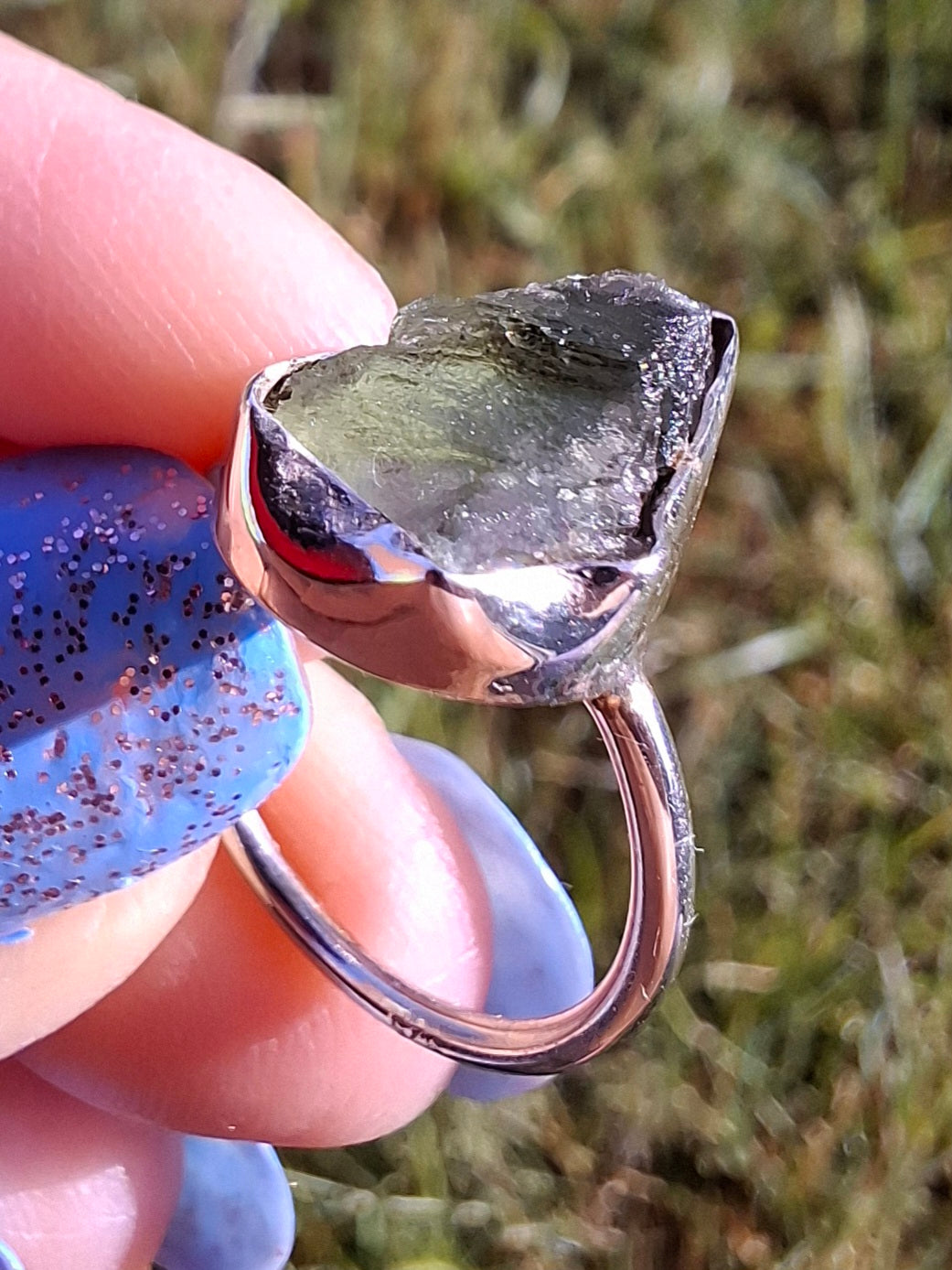 Moldavite Ring, size large G/small H, 925 Silver, Tektite (Ref: R19)
