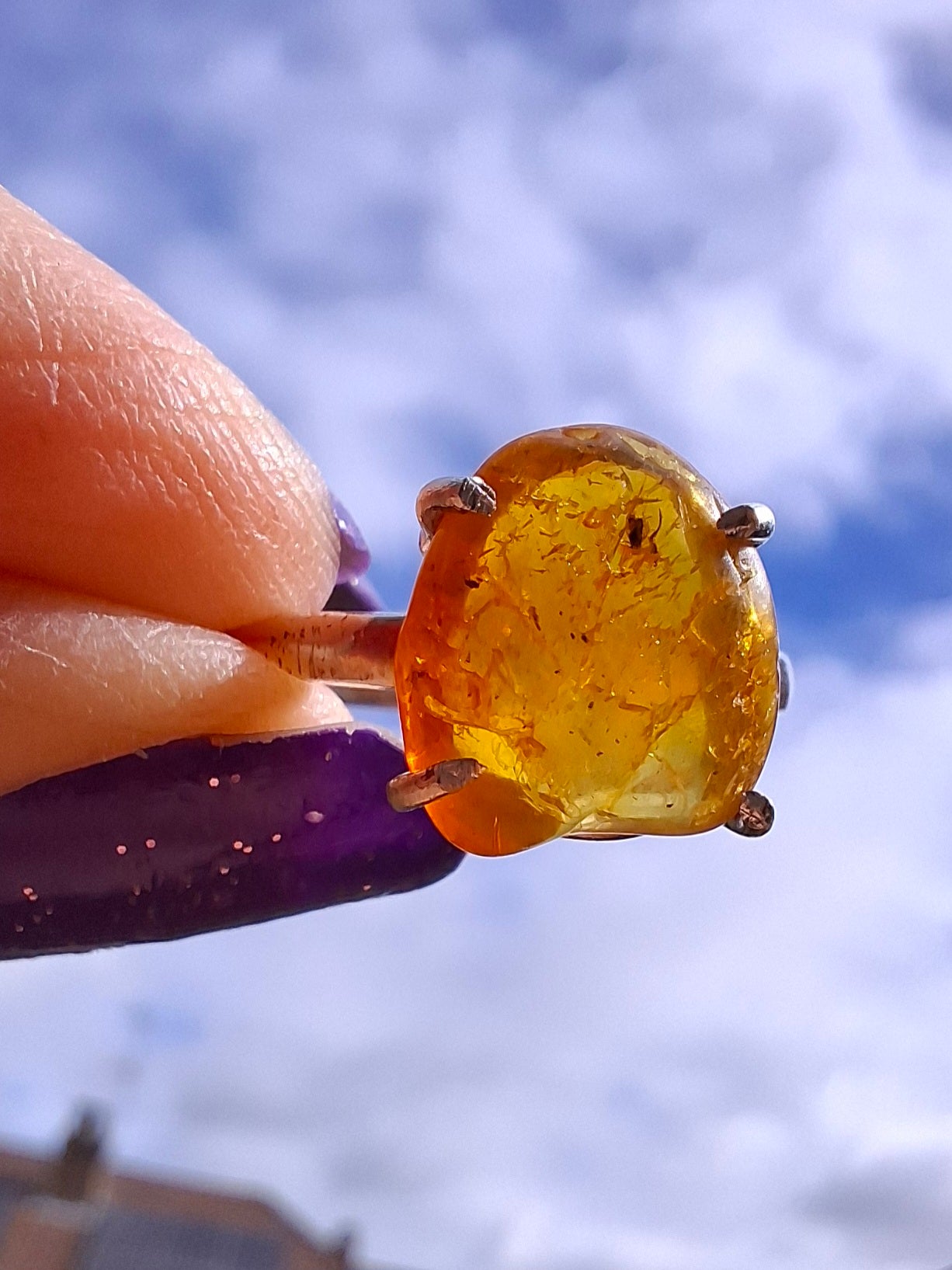 Baltic Amber Ring, size large Q, 925 Silver, Fossil (Ref: AR14)