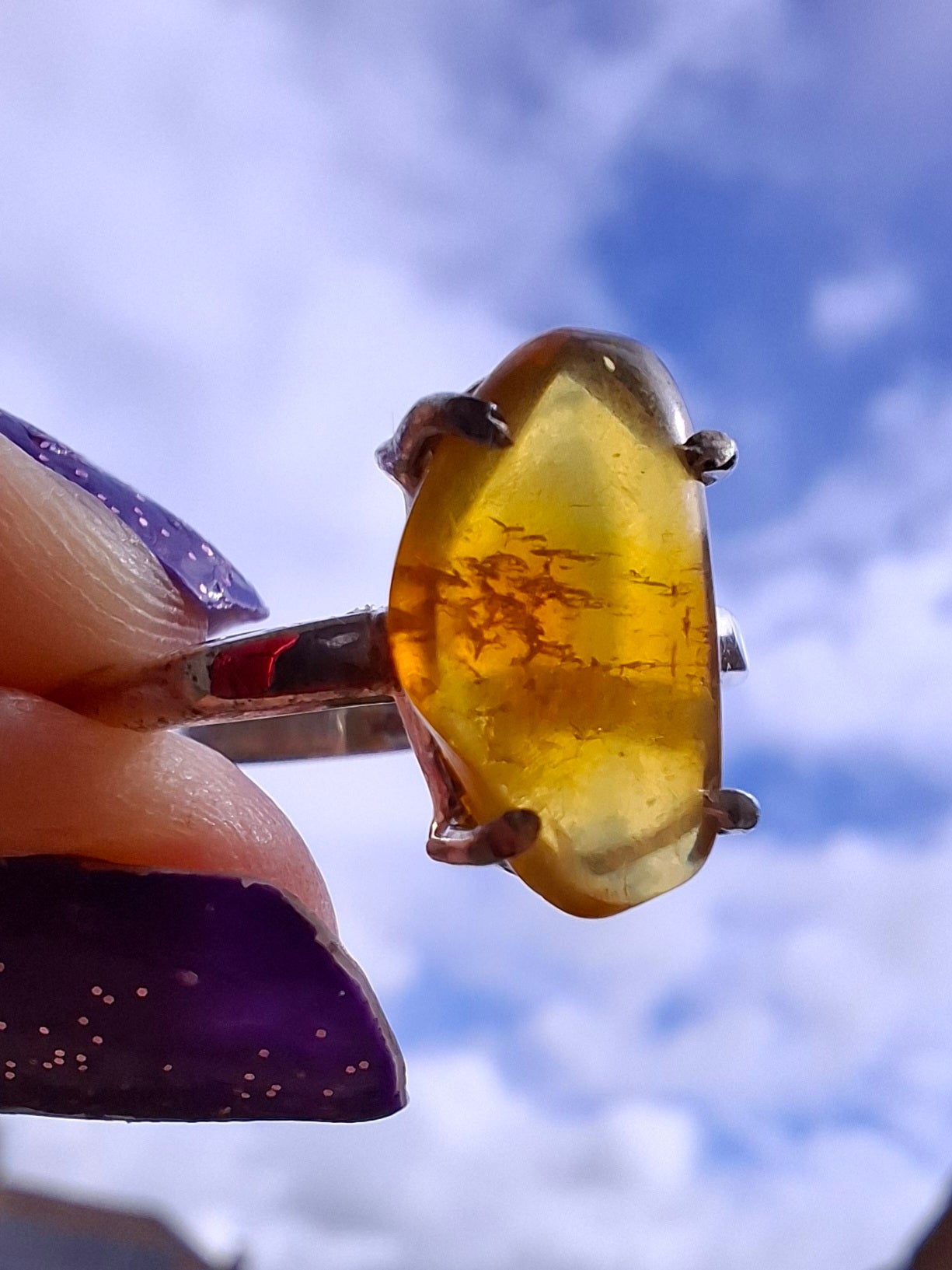Baltic Amber Ring, size large T, 925 Silver, Fossil (Ref: AR18)