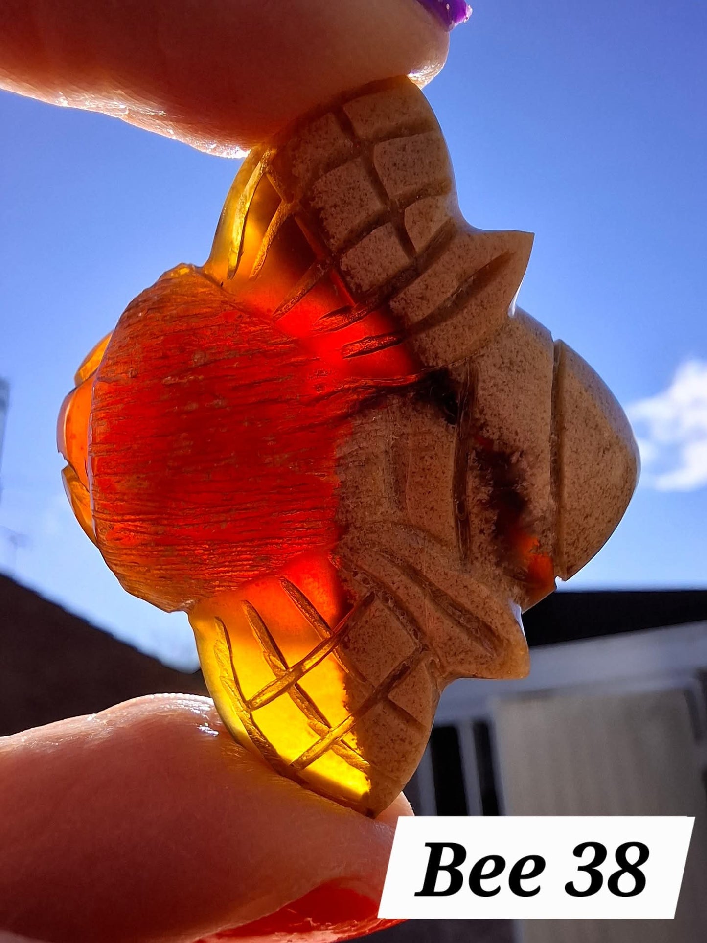 Red Amber Honey Bee Carving, 8.34g, Fossil (Ref: Bee38)