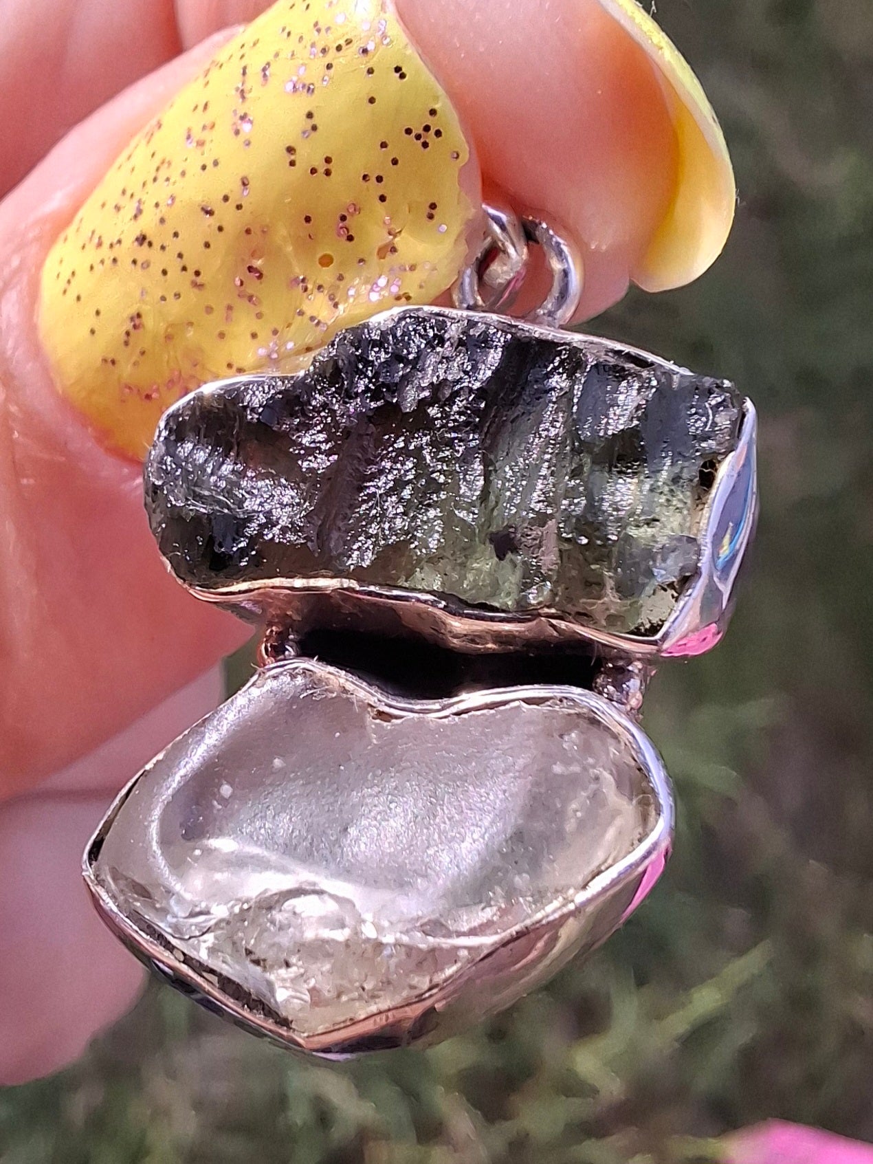Moldavite & Libyan Desert Glass Pendant, 925 Silver, Tektite (Ref: MLP5)