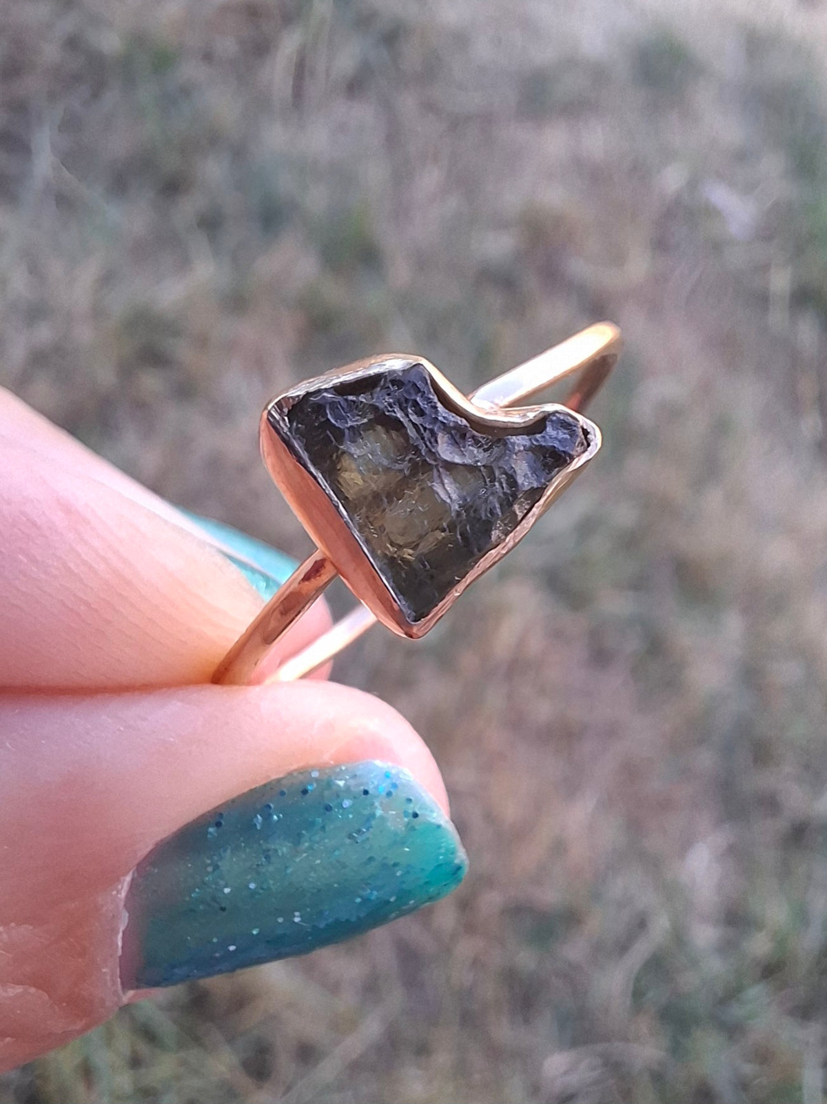 Moldavite Ring, 14K GOLD Plated, size large U, Tektite (Ref: R351)