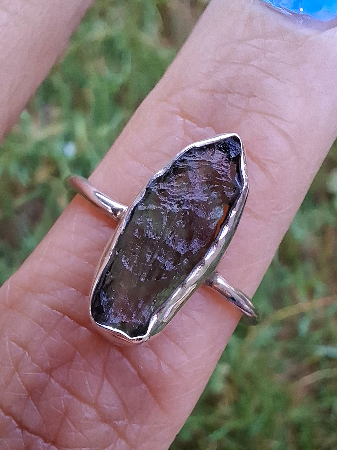Moldavite Ring, size large R, 925 Silver, Tektite (Ref: R27)