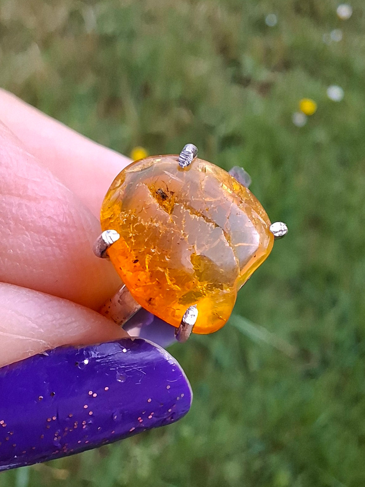 Baltic Amber Ring, size large Q, 925 Silver, Fossil (Ref: AR14)