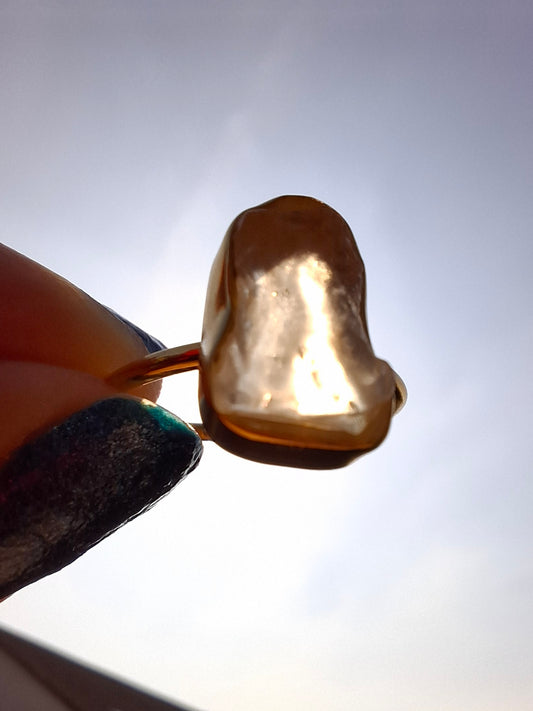 Libyan Desert Glass Ring, 14K GOLD Plated, size O, Tektite (Ref: LR65)