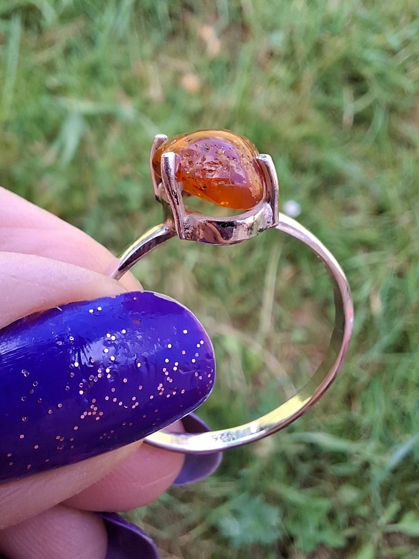 Baltic Amber Ring, size large X, 925 Silver, Fossil (Ref: AR32)